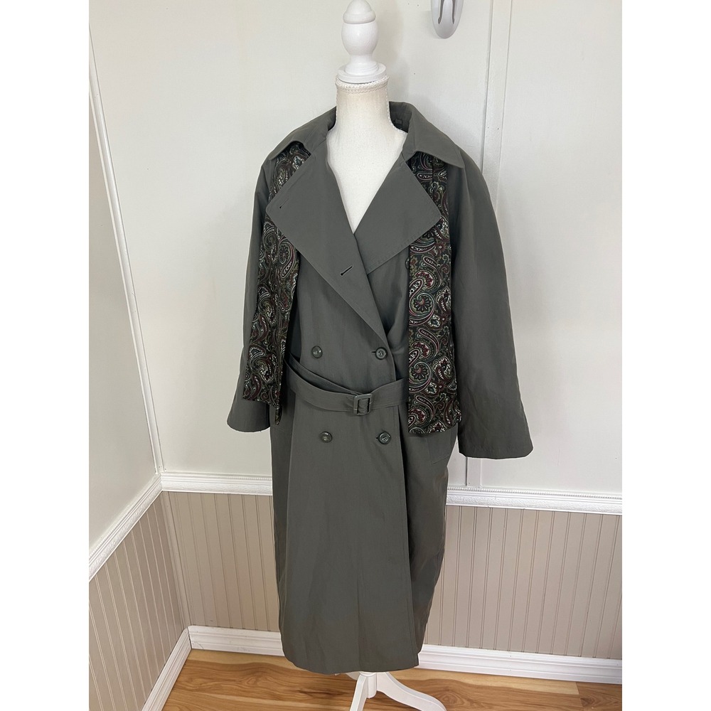 London Fog Womens Paisley Trim Double Breasted Trench Coat Grey Olive Size 10 DP
